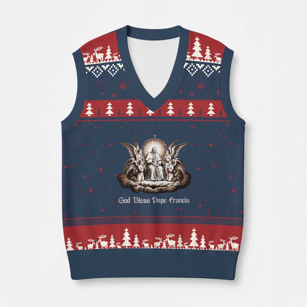 God Bless Pope Francis V-Neck Knit Sweater Vest Memorial Angel Catholic Faith & Unity TS02 Navy Red Print Your Wear