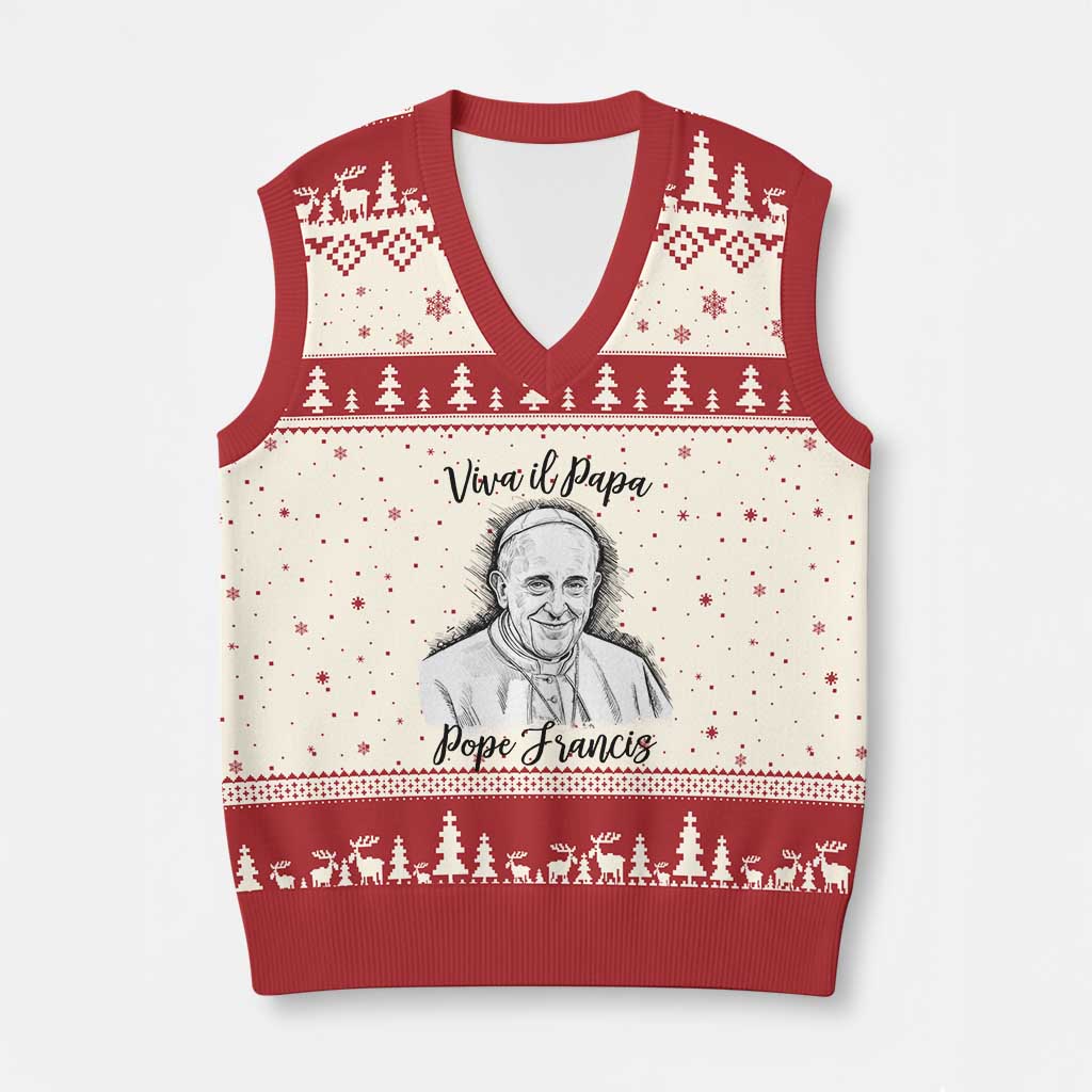 Viva il Papa Pope Francis V-Neck Knit Sweater Vest Thank You Papa Catholic Tribute TS02 Beige Red Print Your Wear