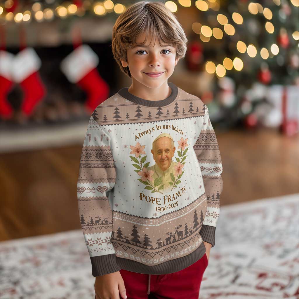 Always in Our Hearts Pope Francis Ugly Christmas Sweater Viva il Papa 1936-2025 TS02 Mocha Mousse Print Your Wear