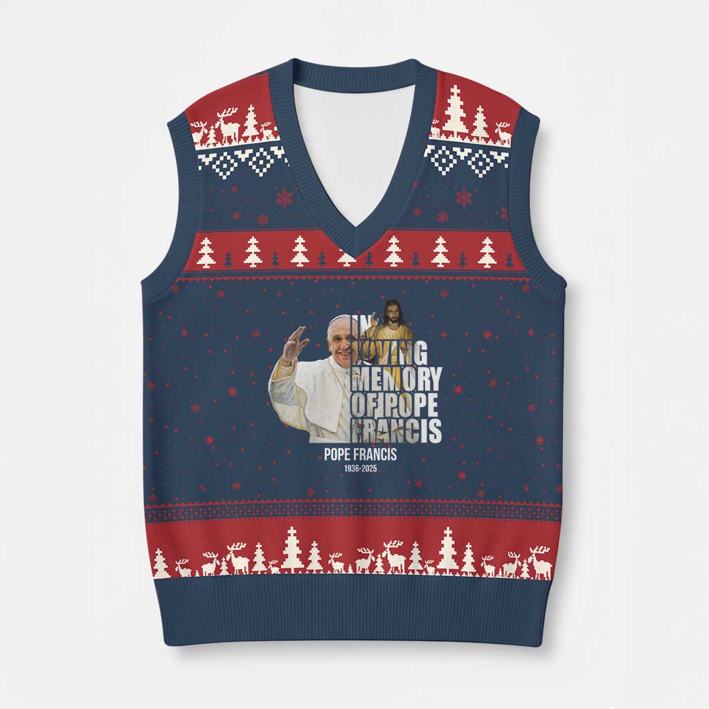 In Loving Memory of Pope Francis V-Neck Knit Sweater Vest Viva il Papa 1936-2025 TS02 Navy Red Print Your Wear