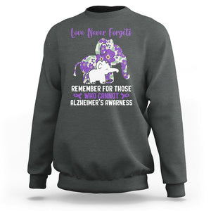 Purple Elephant Alzheimer's Awareness Sweatshirt Love Never Forget Remember For Those Who Cannot ALZ TS02 Dark Heather Print Your Wear