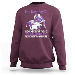 Purple Elephant Alzheimer's Awareness Sweatshirt Love Never Forget Remember For Those Who Cannot ALZ TS02 Maroon Print Your Wear
