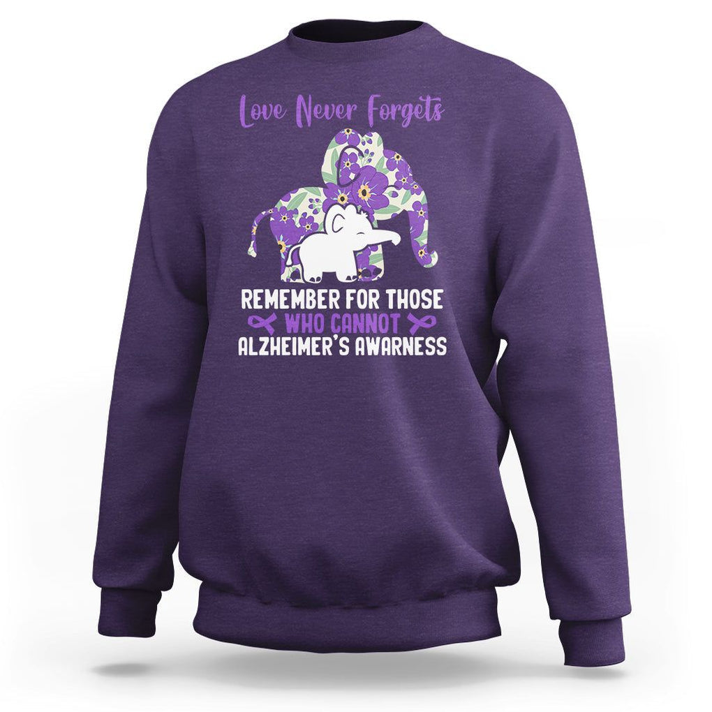 Purple Elephant Alzheimer's Awareness Sweatshirt Love Never Forget Remember For Those Who Cannot ALZ TS02 Purple Print Your Wear