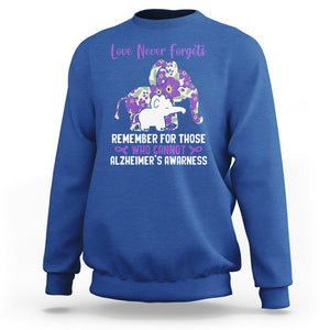 Purple Elephant Alzheimer's Awareness Sweatshirt Love Never Forget Remember For Those Who Cannot ALZ TS02 Royal Blue Print Your Wear
