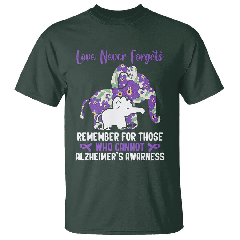 Purple Elephant Alzheimer's Awareness T Shirt Love Never Forget Remember For Those Who Cannot ALZ TS02 Dark Forest Green Print Your Wear