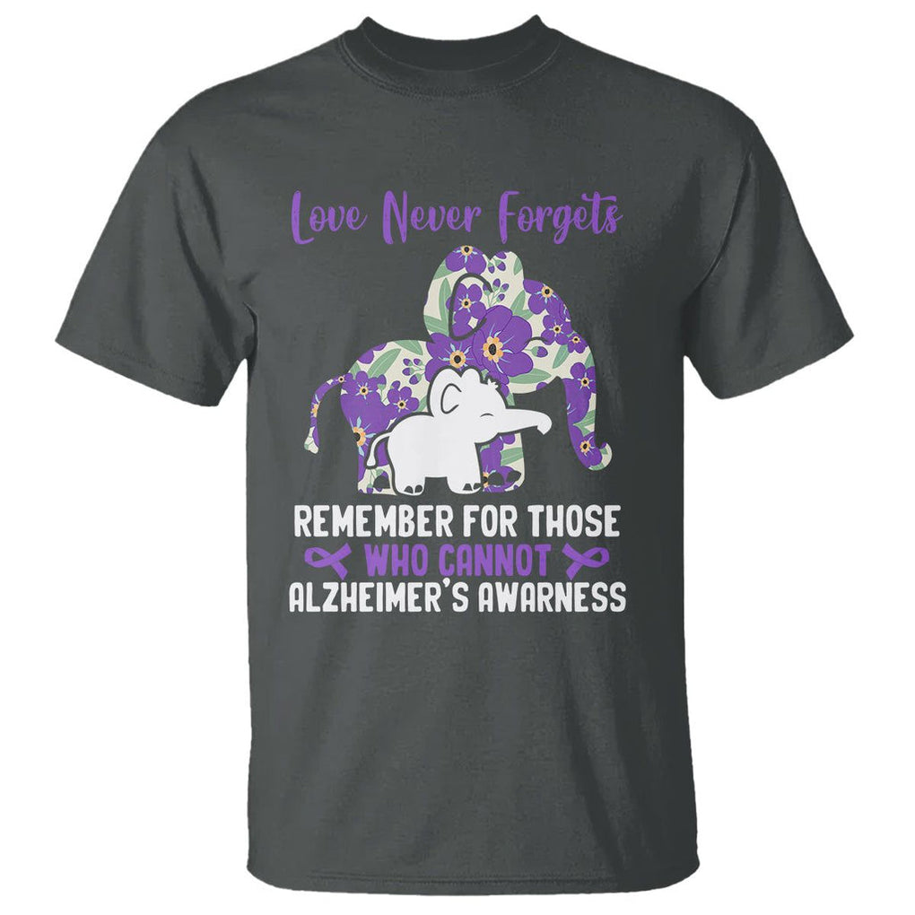 Purple Elephant Alzheimer's Awareness T Shirt Love Never Forget Remember For Those Who Cannot ALZ TS02 Dark Heather Print Your Wear