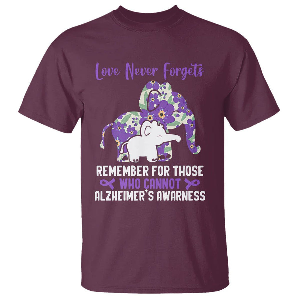 Purple Elephant Alzheimer's Awareness T Shirt Love Never Forget Remember For Those Who Cannot ALZ TS02 Maroon Print Your Wear