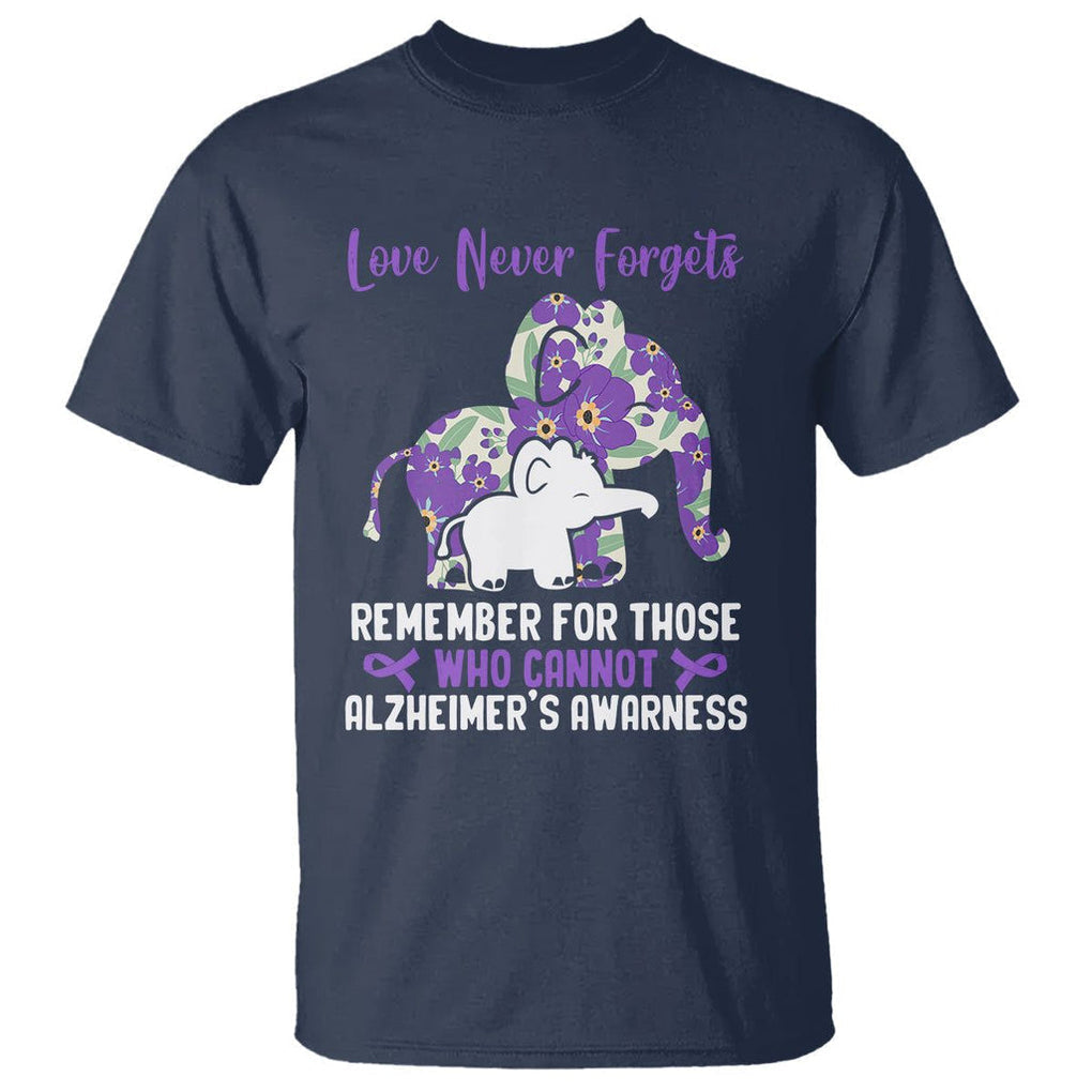 Purple Elephant Alzheimer's Awareness T Shirt Love Never Forget Remember For Those Who Cannot ALZ TS02 Navy Print Your Wear