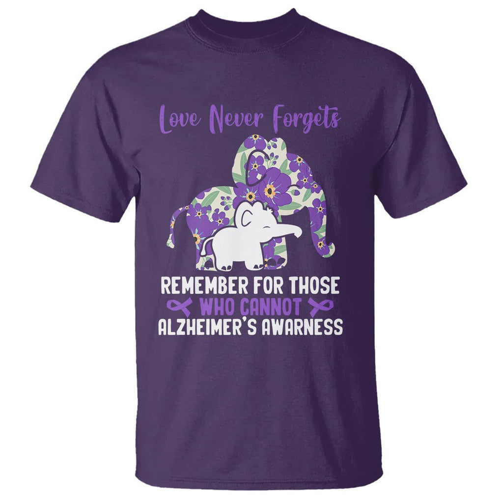 Purple Elephant Alzheimer's Awareness T Shirt Love Never Forget Remember For Those Who Cannot ALZ TS02 Purple Print Your Wear