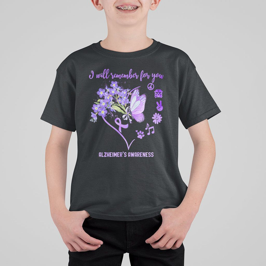 Purple Butterfly Alzheimer's Awareness T Shirt For Kid I Will Remember For You ALZ Support Squad TS02 Black Print Your Wear