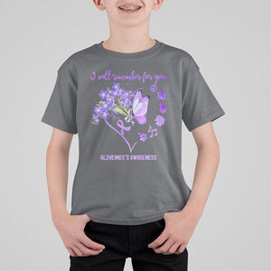 Purple Butterfly Alzheimer's Awareness T Shirt For Kid I Will Remember For You ALZ Support Squad TS02 Charcoal Print Your Wear