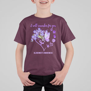 Purple Butterfly Alzheimer's Awareness T Shirt For Kid I Will Remember For You ALZ Support Squad TS02 Maroon Print Your Wear