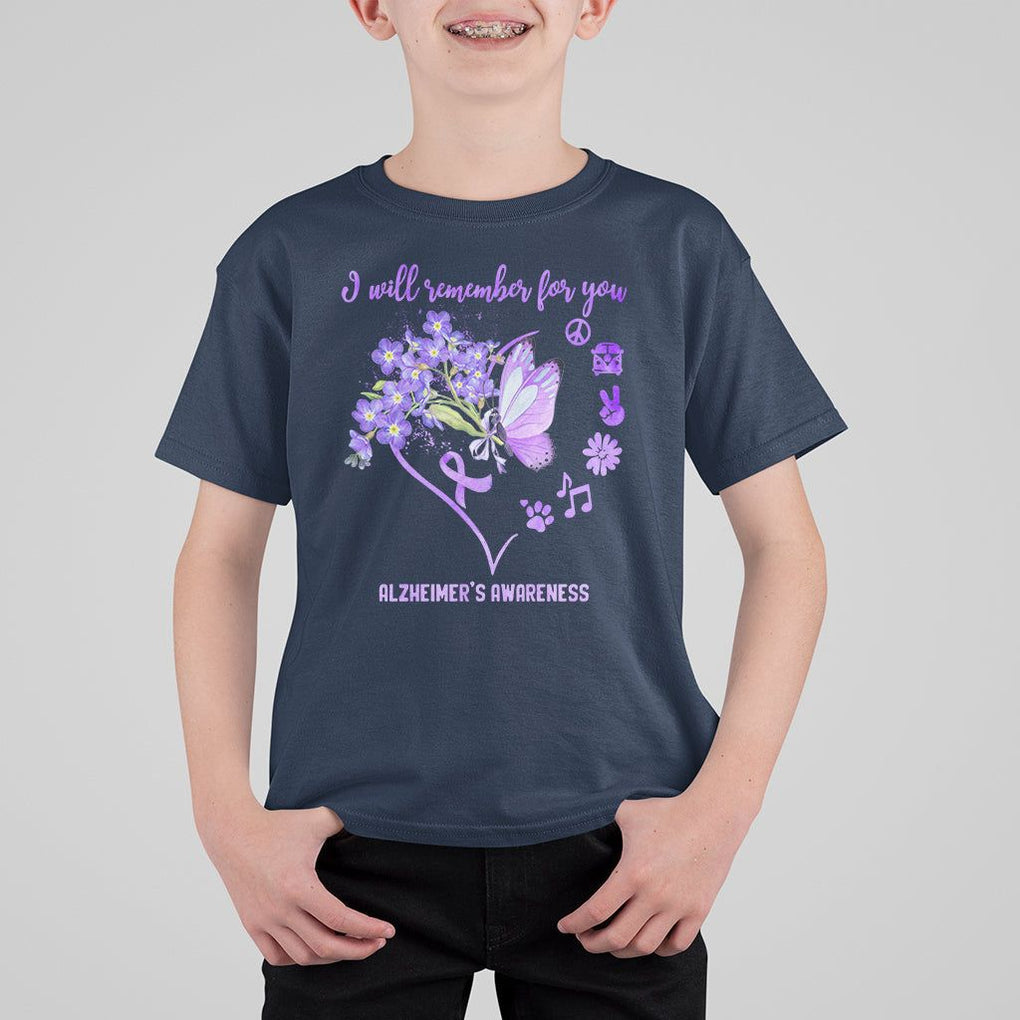 Purple Butterfly Alzheimer's Awareness T Shirt For Kid I Will Remember For You ALZ Support Squad TS02 Navy Print Your Wear