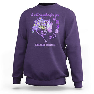 Purple Butterfly Alzheimer's Awareness Sweatshirt I Will Remember For You ALZ Support Squad TS02 Purple Print Your Wear