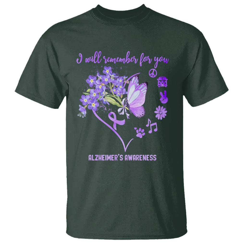 Purple Butterfly Alzheimer's Awareness T Shirt I Will Remember For You ALZ Support Squad TS02 Dark Forest Green Print Your Wear