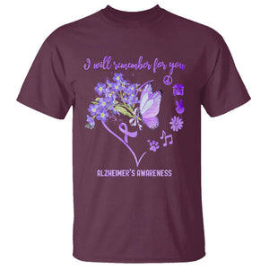 Purple Butterfly Alzheimer's Awareness T Shirt I Will Remember For You ALZ Support Squad TS02 Maroon Print Your Wear