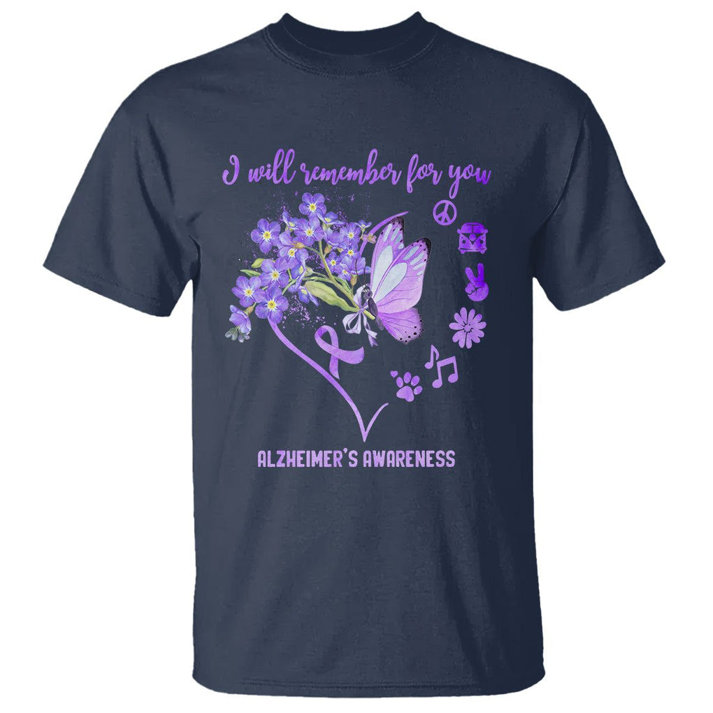 Purple Butterfly Alzheimer's Awareness T Shirt I Will Remember For You ALZ Support Squad TS02 Navy Print Your Wear