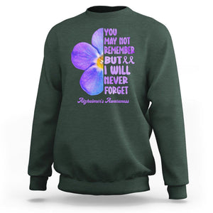 Forget Me Not Alzheimer's Awareness Sweatshirt You May Not Remember But I Will Never Forget Support Squad ALZ TS02 Dark Forest Green Print Your Wear