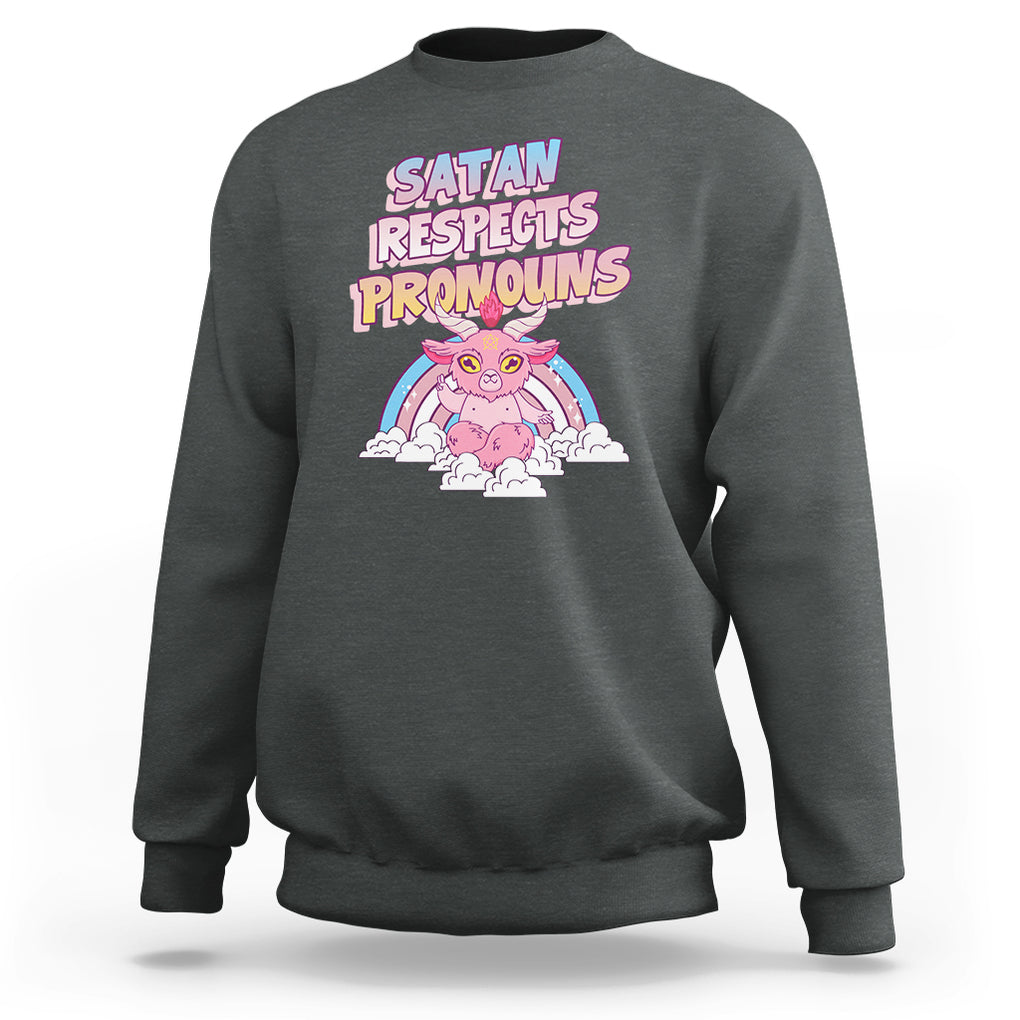Protect Trans Kids Sweatshirt Satan Respects Pronouns Transgender Pride Trans Flag TS02 Dark Heather Printyourwear