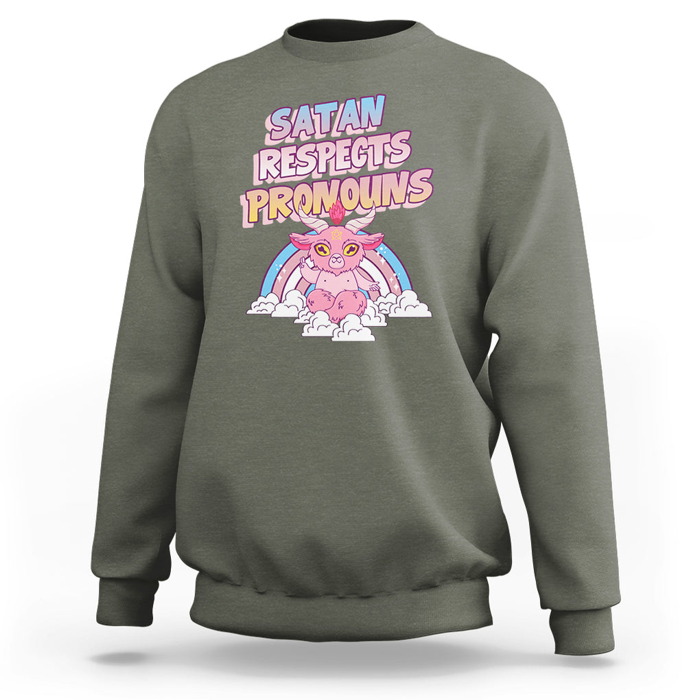 Protect Trans Kids Sweatshirt Satan Respects Pronouns Transgender Pride Trans Flag TS02 Military Green Printyourwear