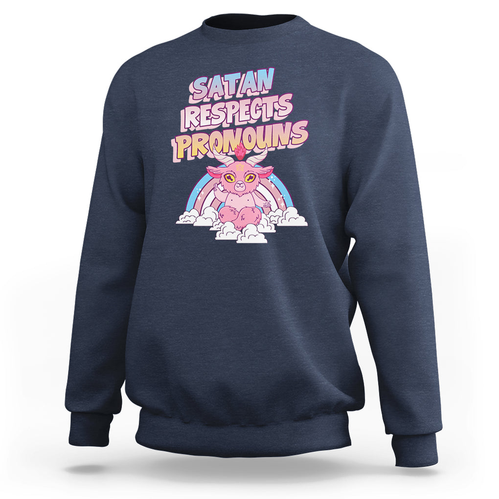 Protect Trans Kids Sweatshirt Satan Respects Pronouns Transgender Pride Trans Flag TS02 Navy Printyourwear