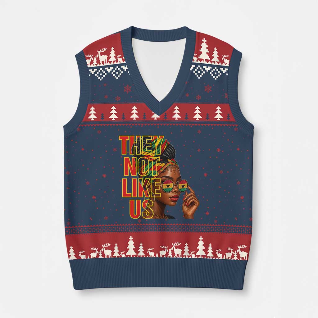 They Not Like Us Afro Queen V-Neck Knit Sweater Vest Melanin Magic Woman witth Headwrap and Sunglasses TS02 Navy Red Print Your Wear