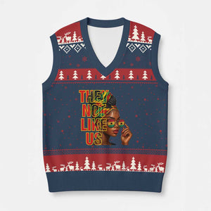 They Not Like Us Afro Queen V-Neck Knit Sweater Vest Melanin Magic Woman witth Headwrap and Sunglasses TS02 Navy Red Print Your Wear