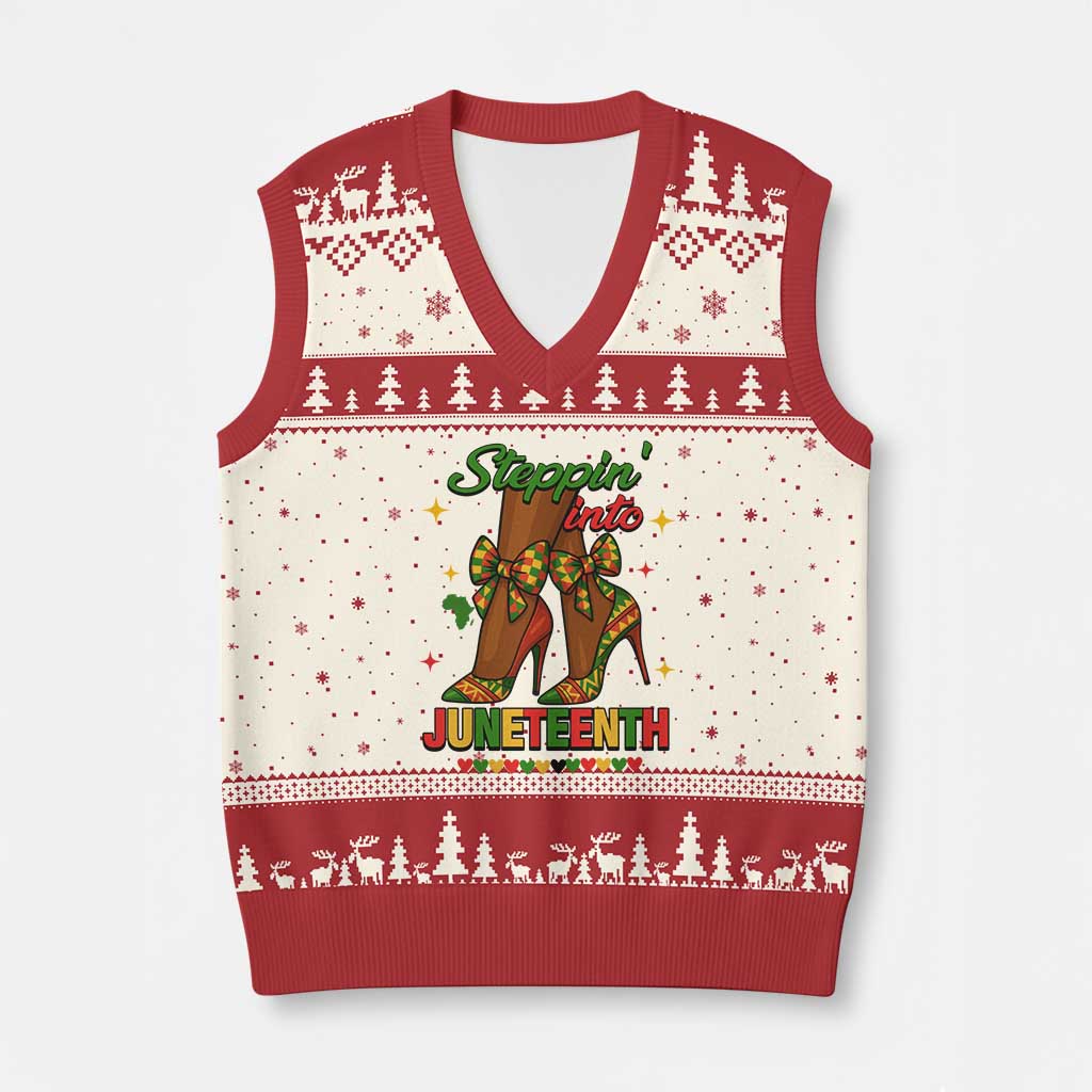 Stepping Into Juneteenth V-Neck Knit Sweater Vest Afro Diva High with African Pride TS02 Beige Red Print Your Wear