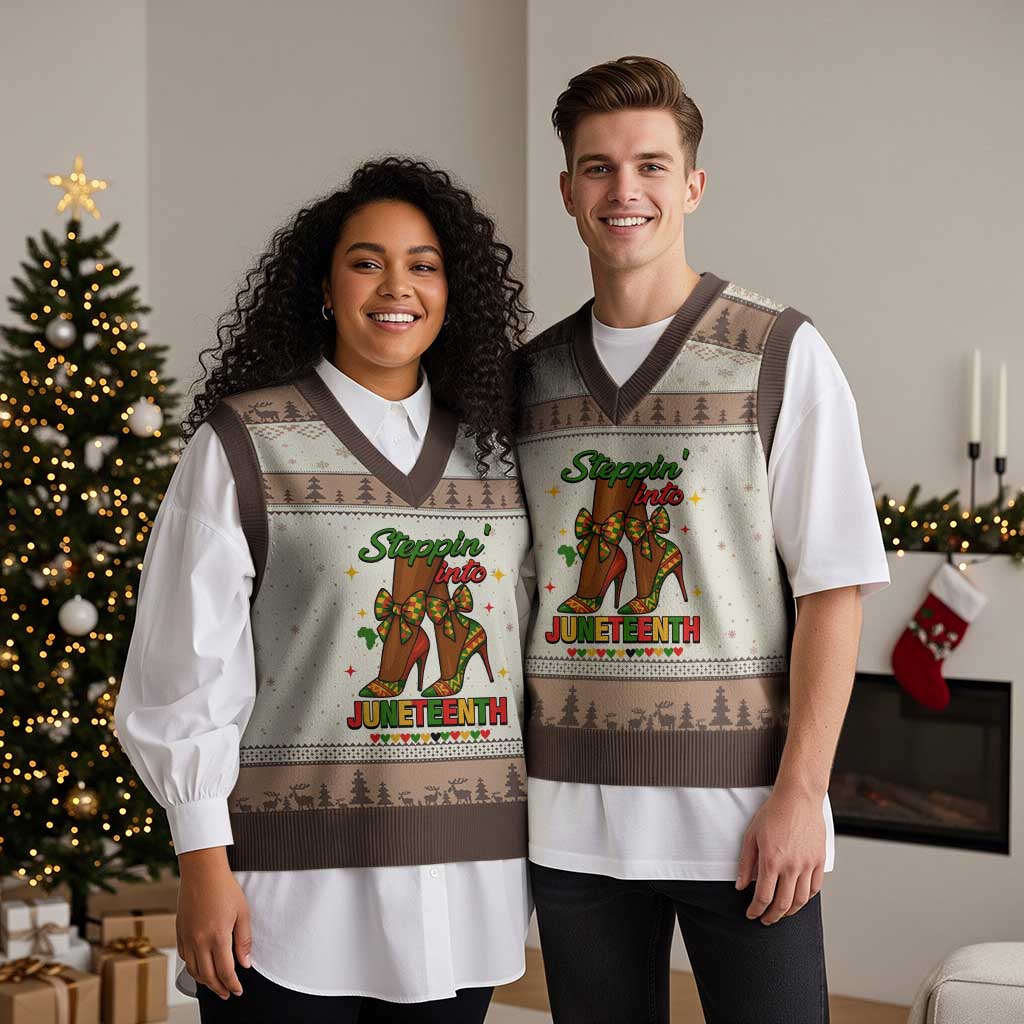 Stepping Into Juneteenth V-Neck Knit Sweater Vest Afro Diva High with African Pride TS02 Mocha Mousse Print Your Wear