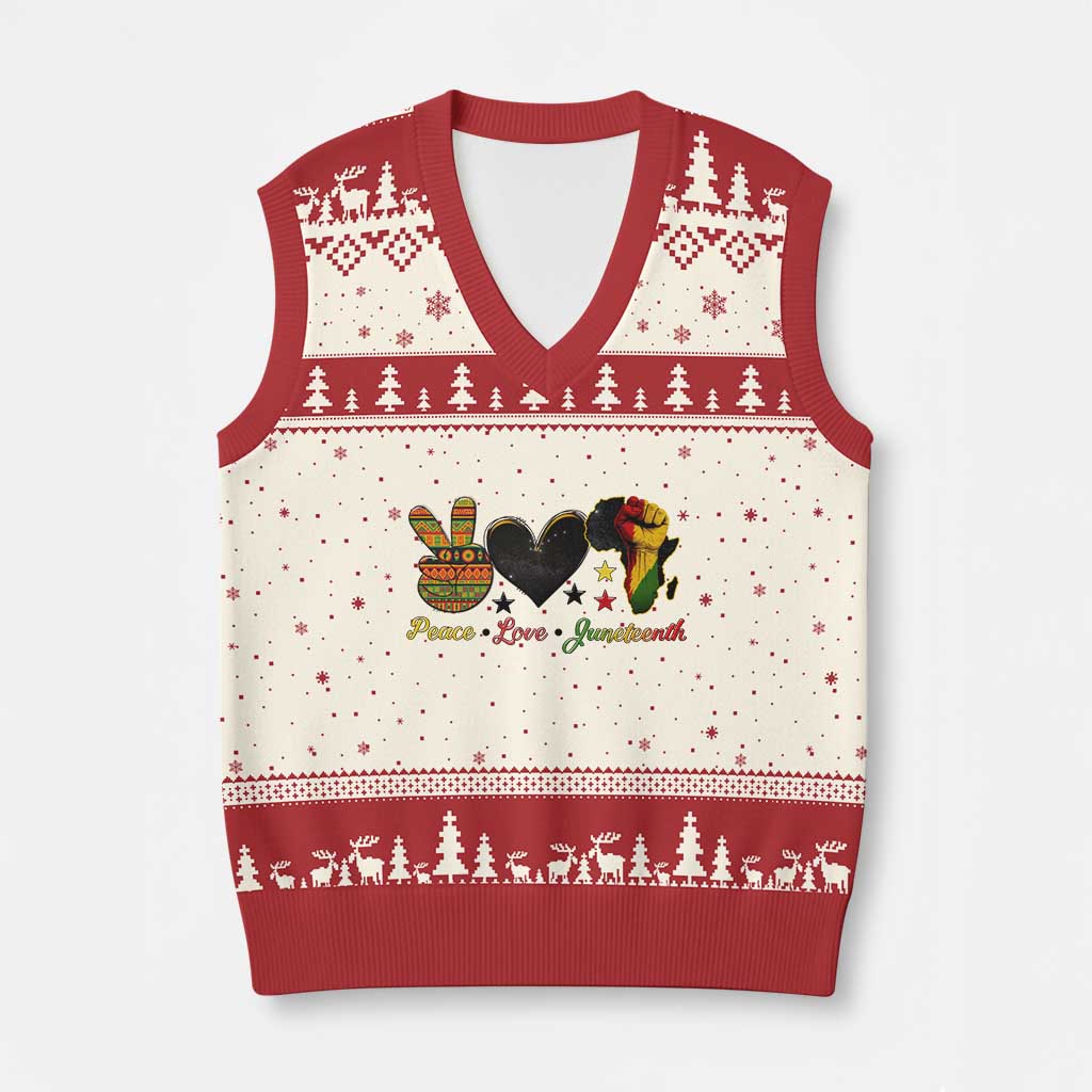 Peace Love Juneteenth V-Neck Knit Sweater Vest 1865 Heart Kente Peace Sign Africa Fist TS02 Beige Red Print Your Wear