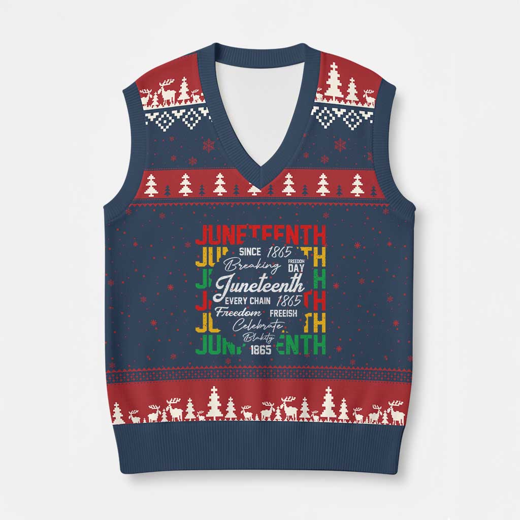 Juneteenth 1865 V-Neck Knit Sweater Vest Celebrate Black Freedom Breaking Every Chain TS02 Navy Red Print Your Wear