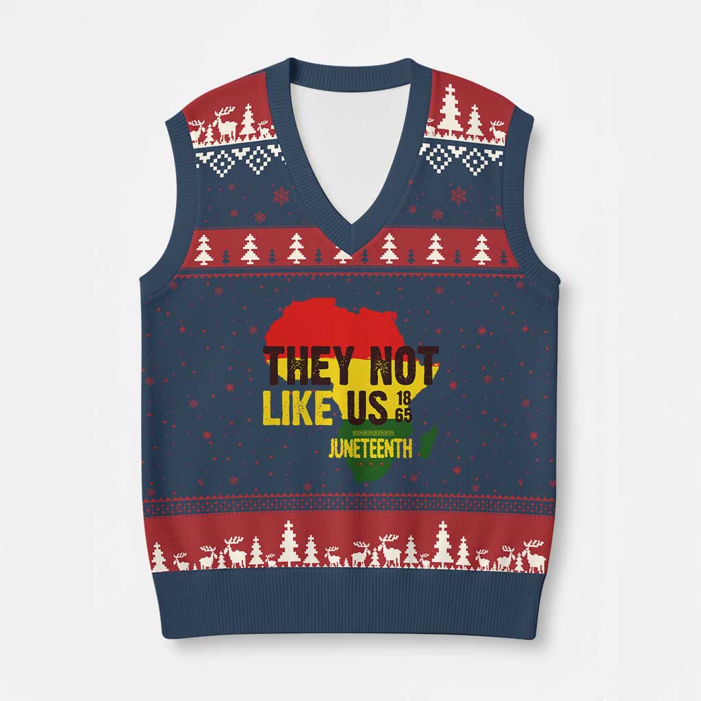 They Not Like Us Juneteenth 1865 V-Neck Knit Sweater Vest Afrocentric Africa Map Black Pride TS02 Navy Red Print Your Wear