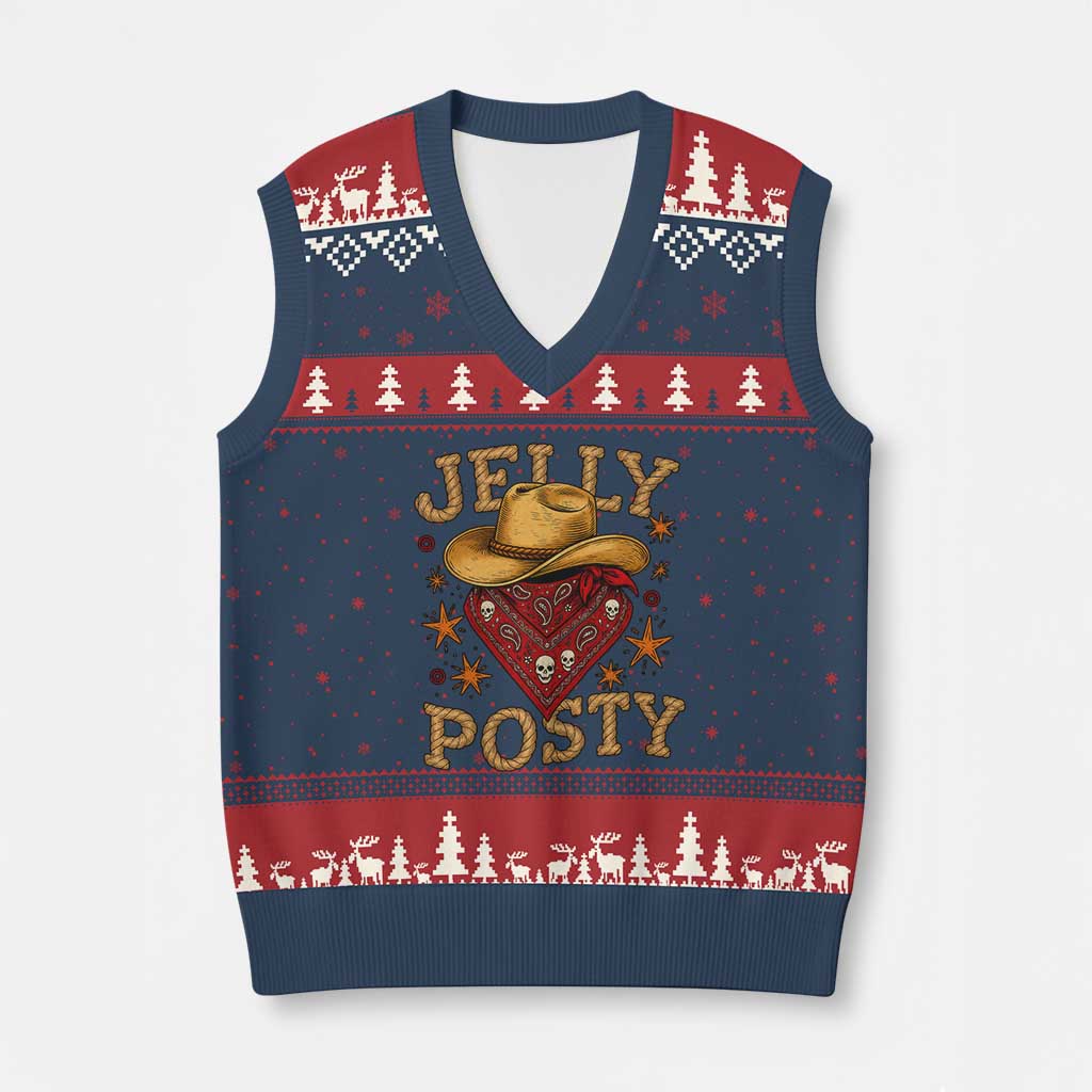 Jelly Posty Cowboy Bandana V-Neck Knit Sweater Vest Funny Country Western Rodeo TS02 Navy Red Print Your Wear
