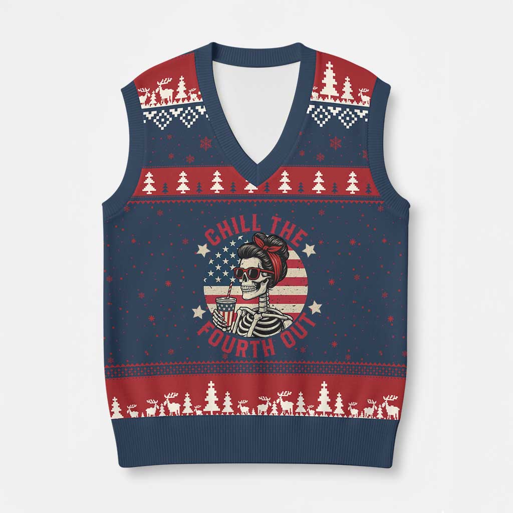 Retro Skeleton 4th of July V-Neck Knit Sweater Vest Chill The Fourth Out Funny Patriotic American Flag TS02 Navy Red Print Your Wear