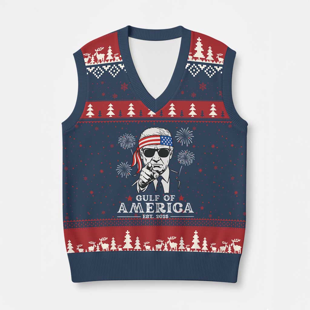 Patriotic Gulf Of USA Est 2025 V-Neck Knit Sweater Vest Funny Trump Happy 4th Of July TS02 Navy Red Print Your Wear