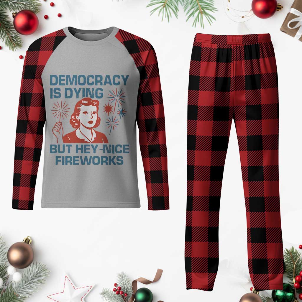 Retro Lady Democracy Is Dying But Hey Nice Fireworks Plaid Pajama Set Funny 4th of July Political Satire TS02 Buffalo Plaid Print Your Wear