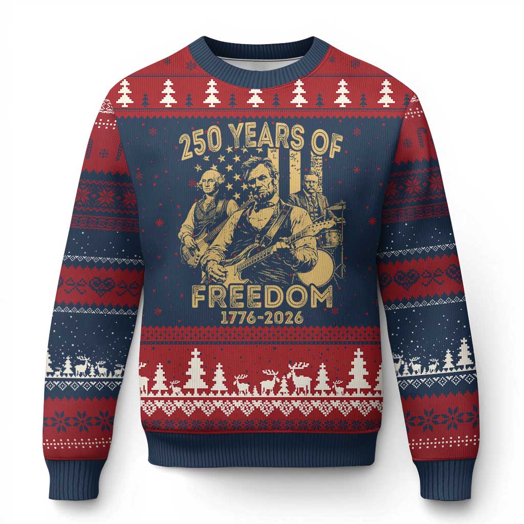 250 Years of Freedom US Presidents Rock Band Ugly Christmas Sweater Funny Abraham Lincoln George Washington Teddy Roosevelt Concert 1776 to 2026 TS02 Navy Red Print Your Wear