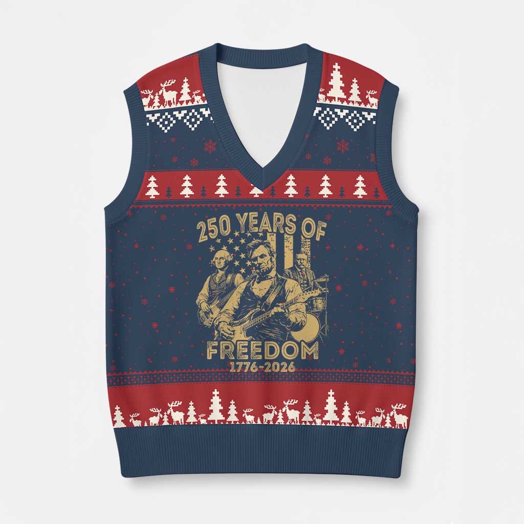 250 Years of Freedom US Presidents Rock Band V-Neck Knit Sweater Vest Funny Abraham Lincoln George Washington Teddy Roosevelt Concert 1776 to 2026 TS02 Navy Red Print Your Wear