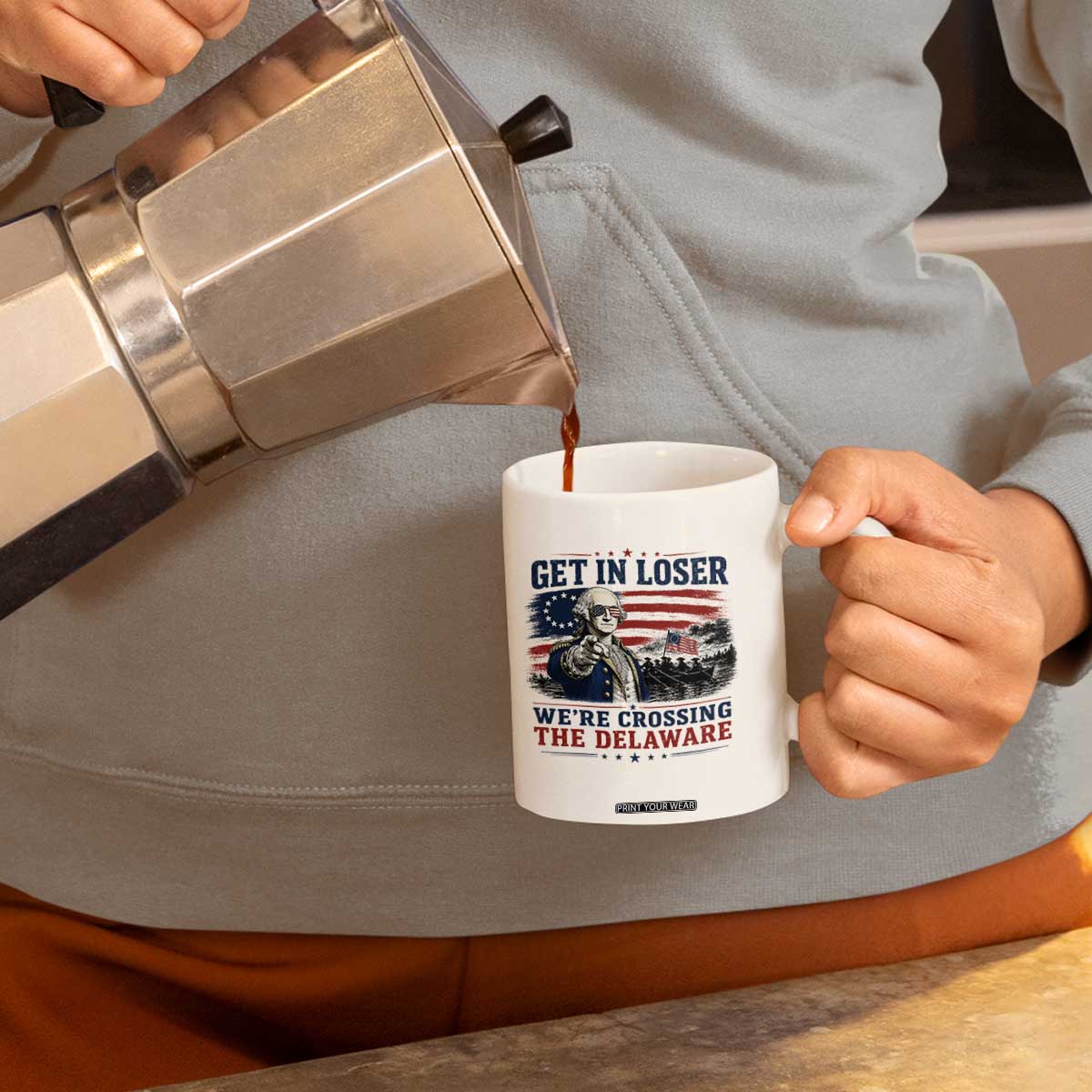 Get In Loser We're Crossing The Delaware Uncle Sam Style Coffee Mug Funny George Washington Pointing Vintage American Flag Patriotic TS02 Print Your Wear