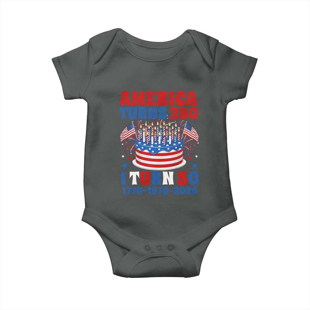 America Turns 250 I Turn 50 Funny 1976 Birthday Baby Onesie American Flag Cake 1776 to 2026 Semiquincentennial TS02 Dark Heather Print Your Wear