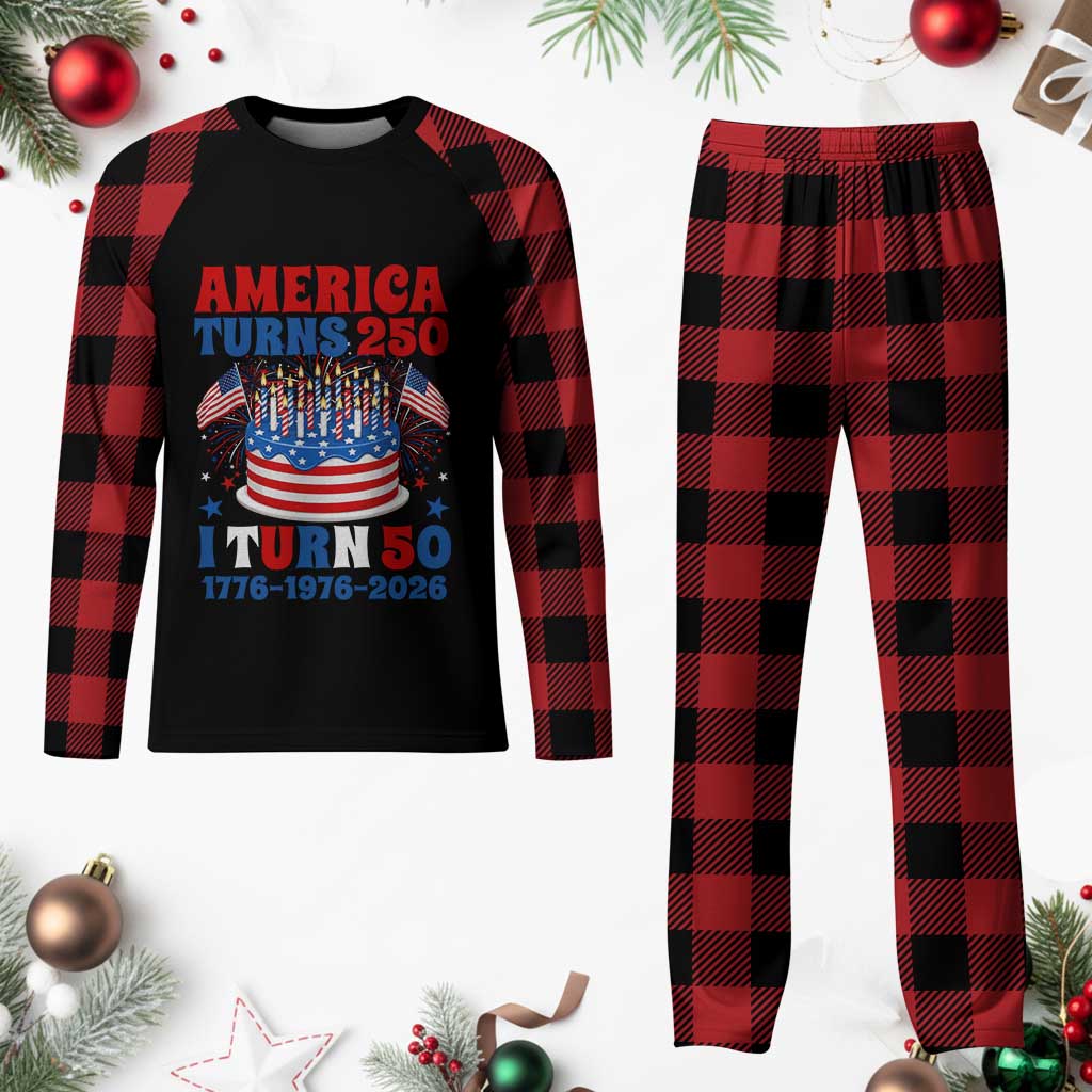America Turns 250 I Turn 50 Funny 1976 Birthday Plaid Pajama Set American Flag Cake 1776 to 2026 Semiquincentennial TS02 Buffalo Plaid Print Your Wear