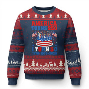 America Turns 250 I Turn 50 Funny 1976 Birthday Ugly Christmas Sweater American Flag Cake 1776 to 2026 Semiquincentennial TS02 Navy Red Print Your Wear