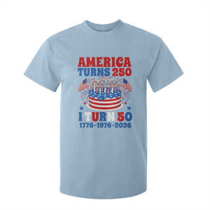 America Turns 250 I Turn 50 Funny 1976 Birthday T Shirt For Kid American Flag Cake 1776 to 2026 Semiquincentennial TS02 Light Blue Print Your Wear