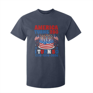 America Turns 250 I Turn 50 Funny 1976 Birthday T Shirt For Kid American Flag Cake 1776 to 2026 Semiquincentennial TS02 Navy Print Your Wear