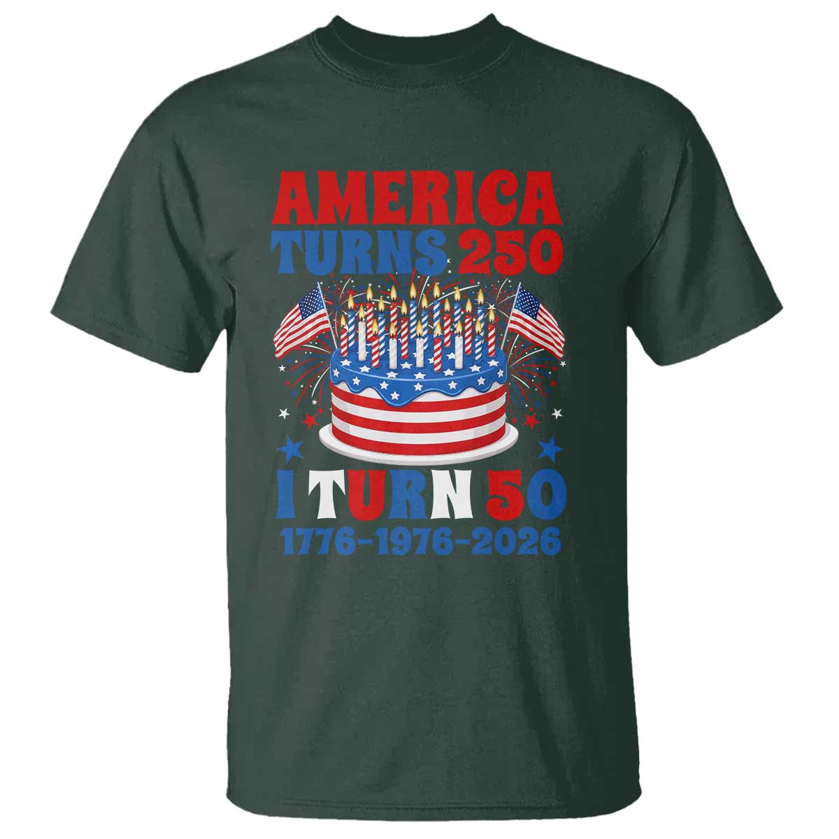 America Turns 250 I Turn 50 Funny 1976 Birthday T Shirt American Flag Cake 1776 to 2026 Semiquincentennial TS02 Dark Forest Green Print Your Wear