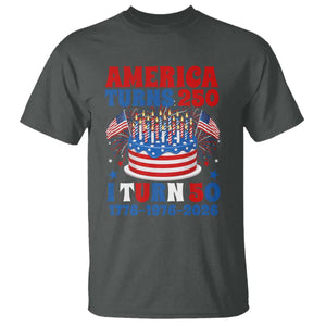America Turns 250 I Turn 50 Funny 1976 Birthday T Shirt American Flag Cake 1776 to 2026 Semiquincentennial TS02 Dark Heather Print Your Wear
