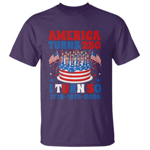 America Turns 250 I Turn 50 Funny 1976 Birthday T Shirt American Flag Cake 1776 to 2026 Semiquincentennial TS02 Purple Print Your Wear