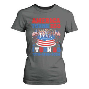 America Turns 250 I Turn 50 Funny 1976 Birthday T Shirt For Women American Flag Cake 1776 to 2026 Semiquincentennial TS02 Dark Heather Print Your Wear