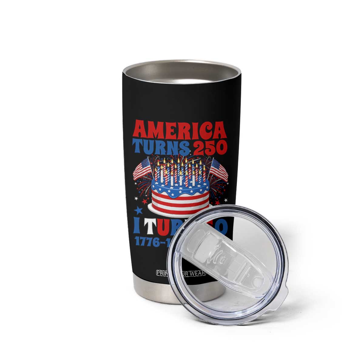 America Turns 250 I Turn 50 Funny 1976 Birthday Tumbler Cup American Flag Cake 1776 to 2026 Semiquincentennial TS02 Print Your Wear