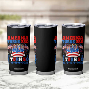 America Turns 250 I Turn 50 Funny 1976 Birthday Tumbler Cup American Flag Cake 1776 to 2026 Semiquincentennial TS02 Print Your Wear